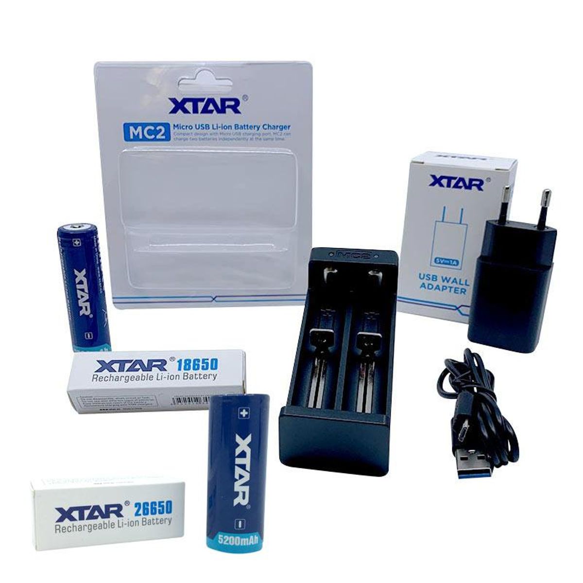 Batterilader-pakke: XTAR® MC2 inkl. 1x26650 og 1x18650 + adapter