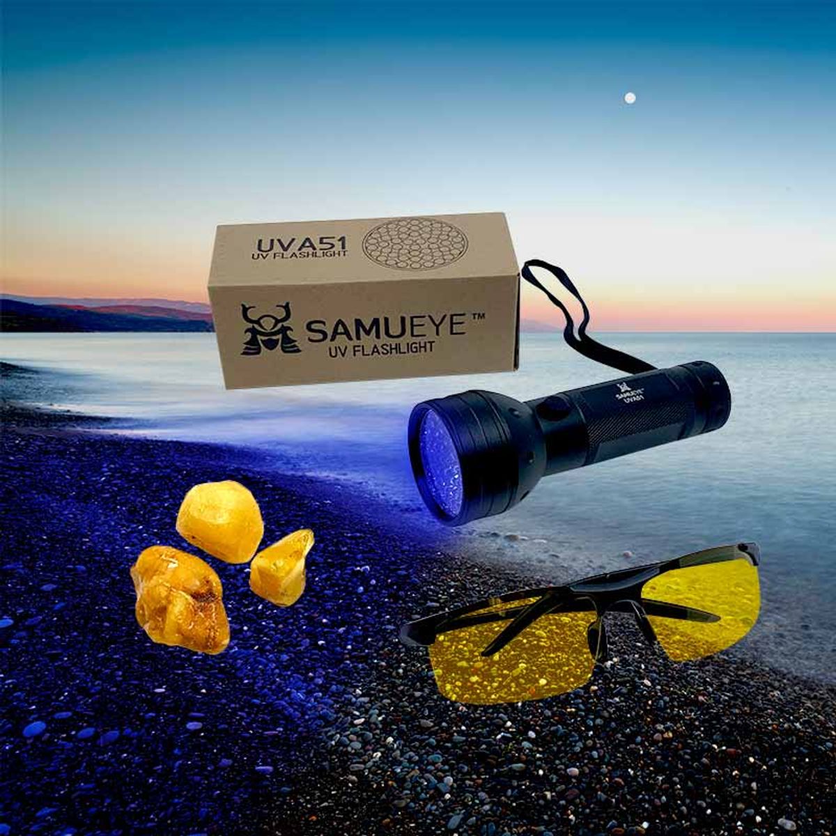 Ravlygte UVA51 fra danske SamuEye&trade; | God og billig ravlampe med UV - Ravlygte UVA51 + Ravbrille voksen