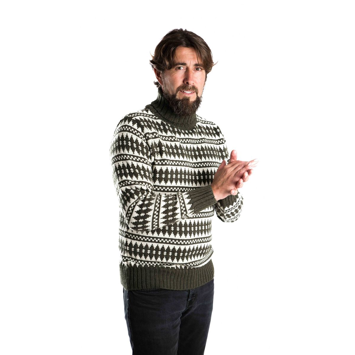 Gorm Sweater High Neck - Fuza Wool - Olive/white