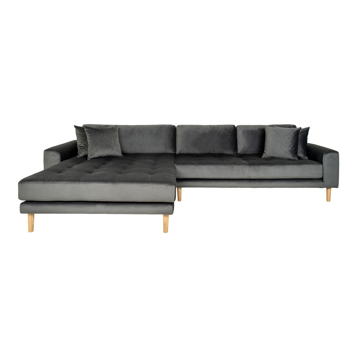 Lido Lounge Sofa - Lounge Sofa, venstrevendt i mørkegrå velour med fire puder og natur træben, HN1013 - Grå