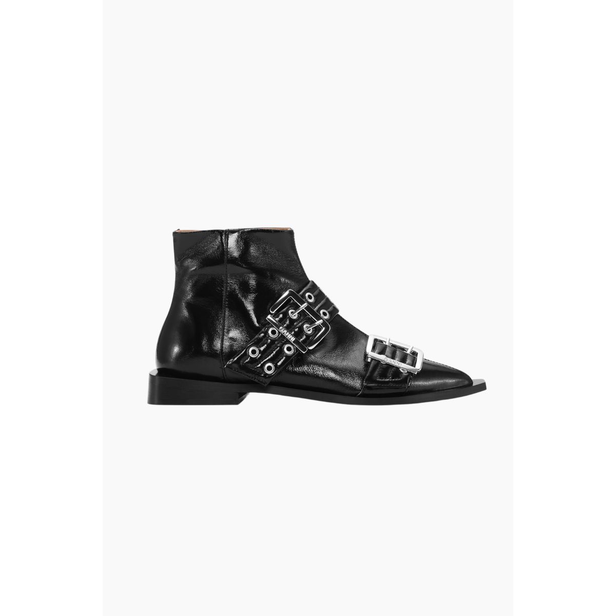 Feminine Buckle Flat Boot Naplack S2650 - Black - GANNI - Sort 38