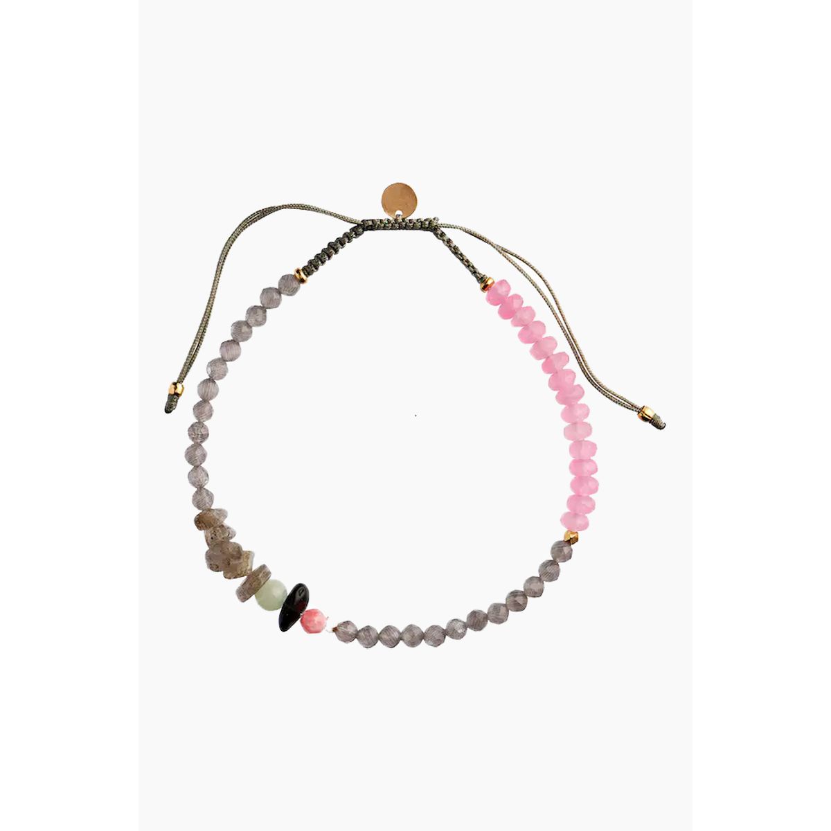 Harmony Bracelet With Calm Grey & Pink Gemstones and Khakigrey Ribbon - Stine A - Multi One Size