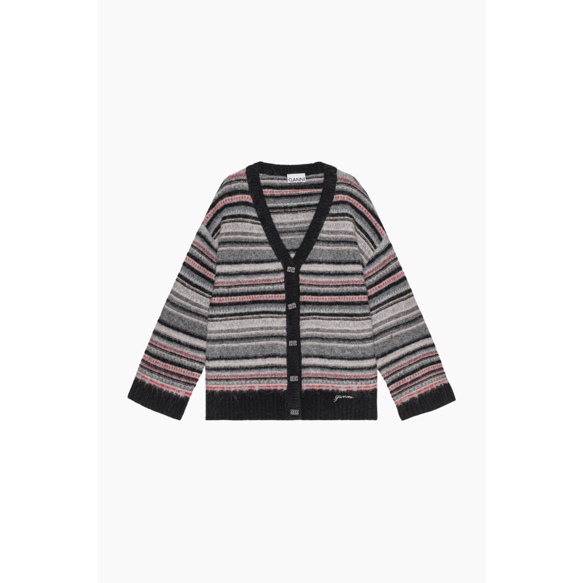 Soft Wool Stripe Boxy Cardigan K2357 - Phantom - GANNI - Stribet L