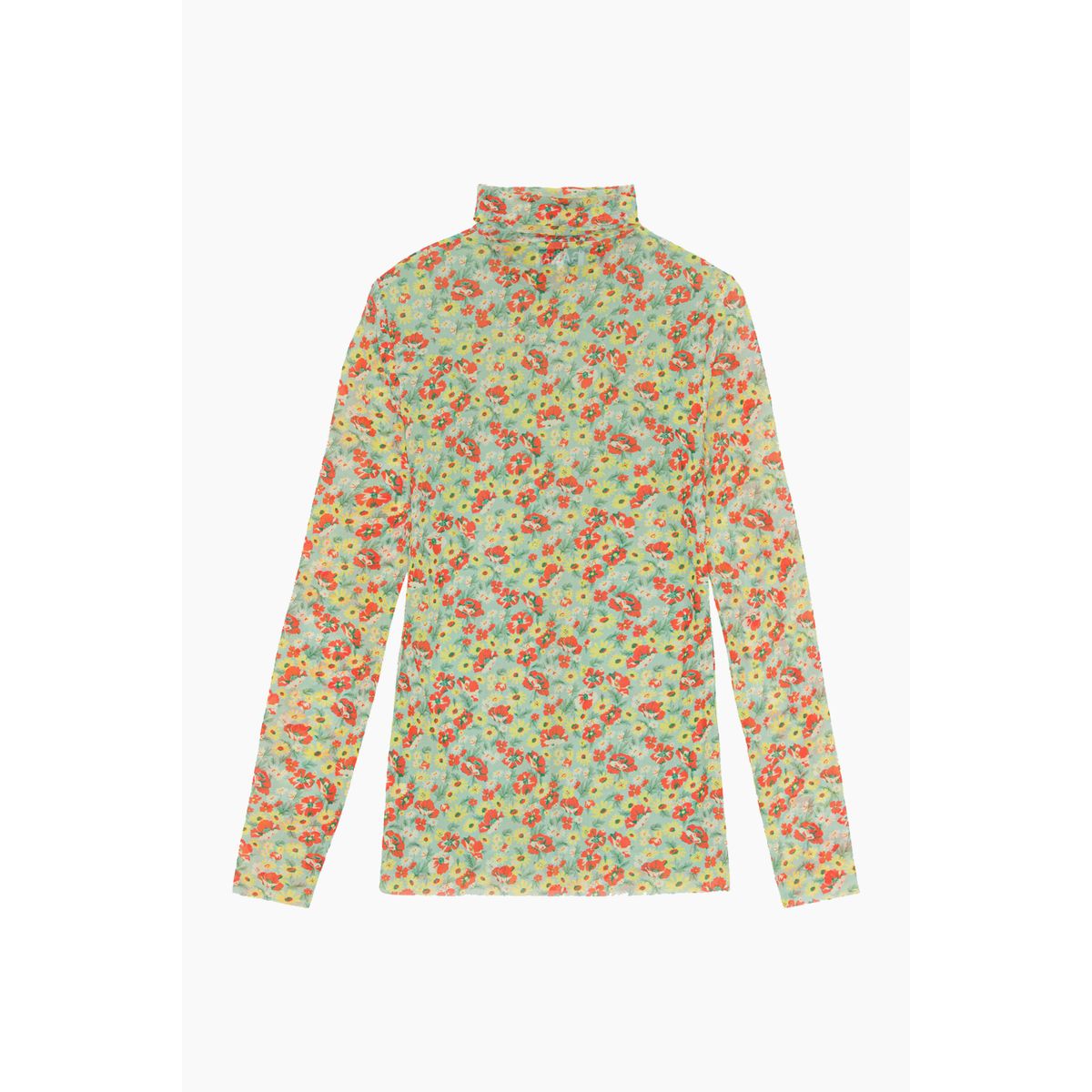 Printed Mesh Long Sleeve Fitted Rollneck - Meadow Celadon Green - GANNI - Grøn XL