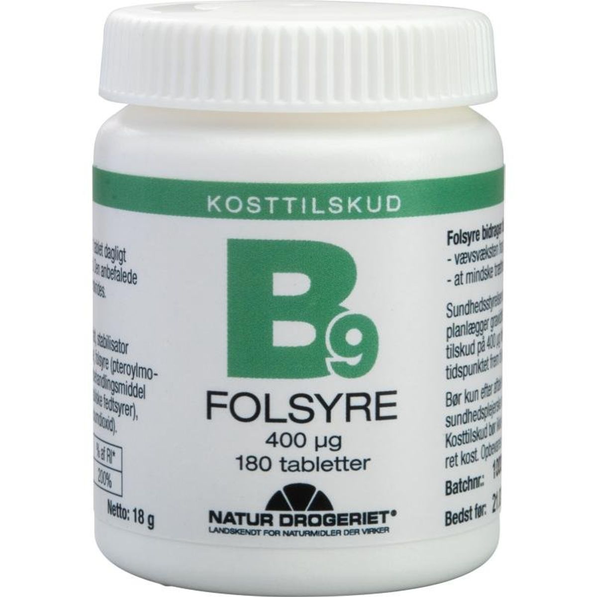 B9 Folsyre 400 mg, 180 stk., Natur Drogeriet