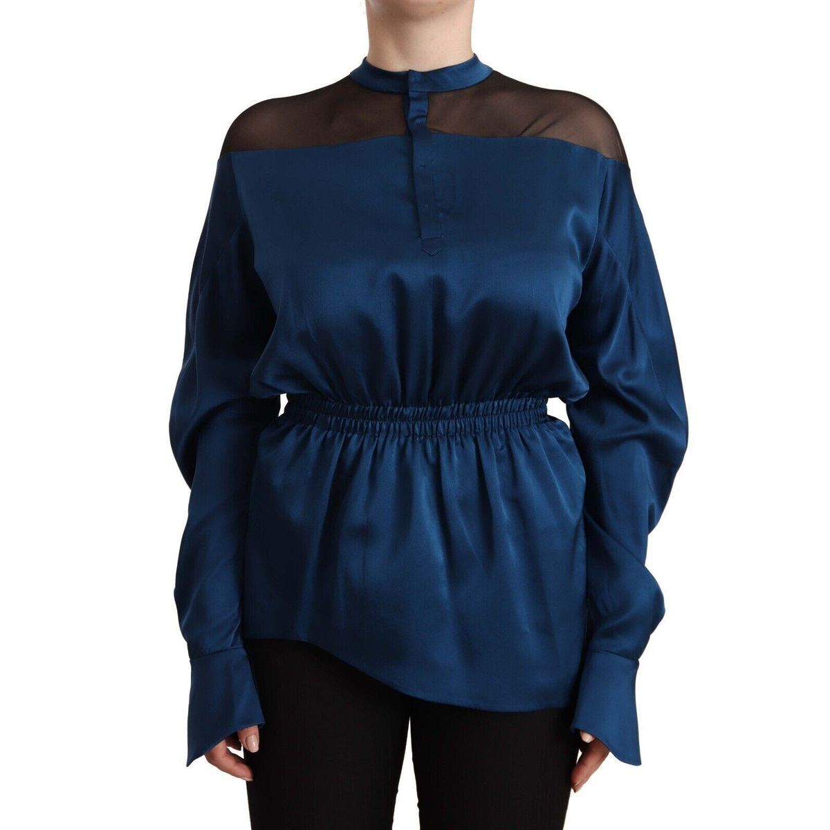 Masha Ma Elegant Crew Neck Silk Blouse in Blue