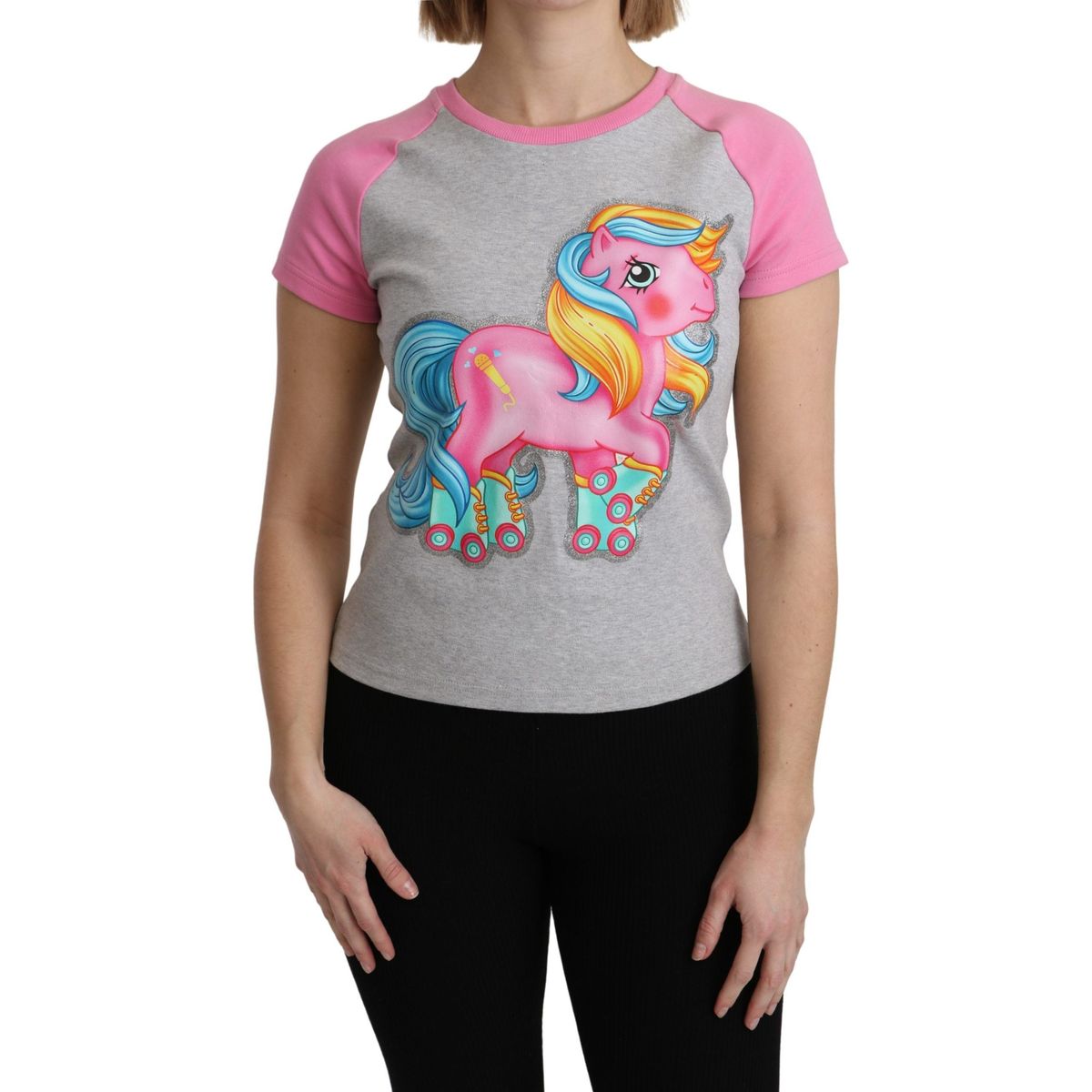 Moschino Chic Gray Crew Neck Cotton T-shirt with Pink Accents