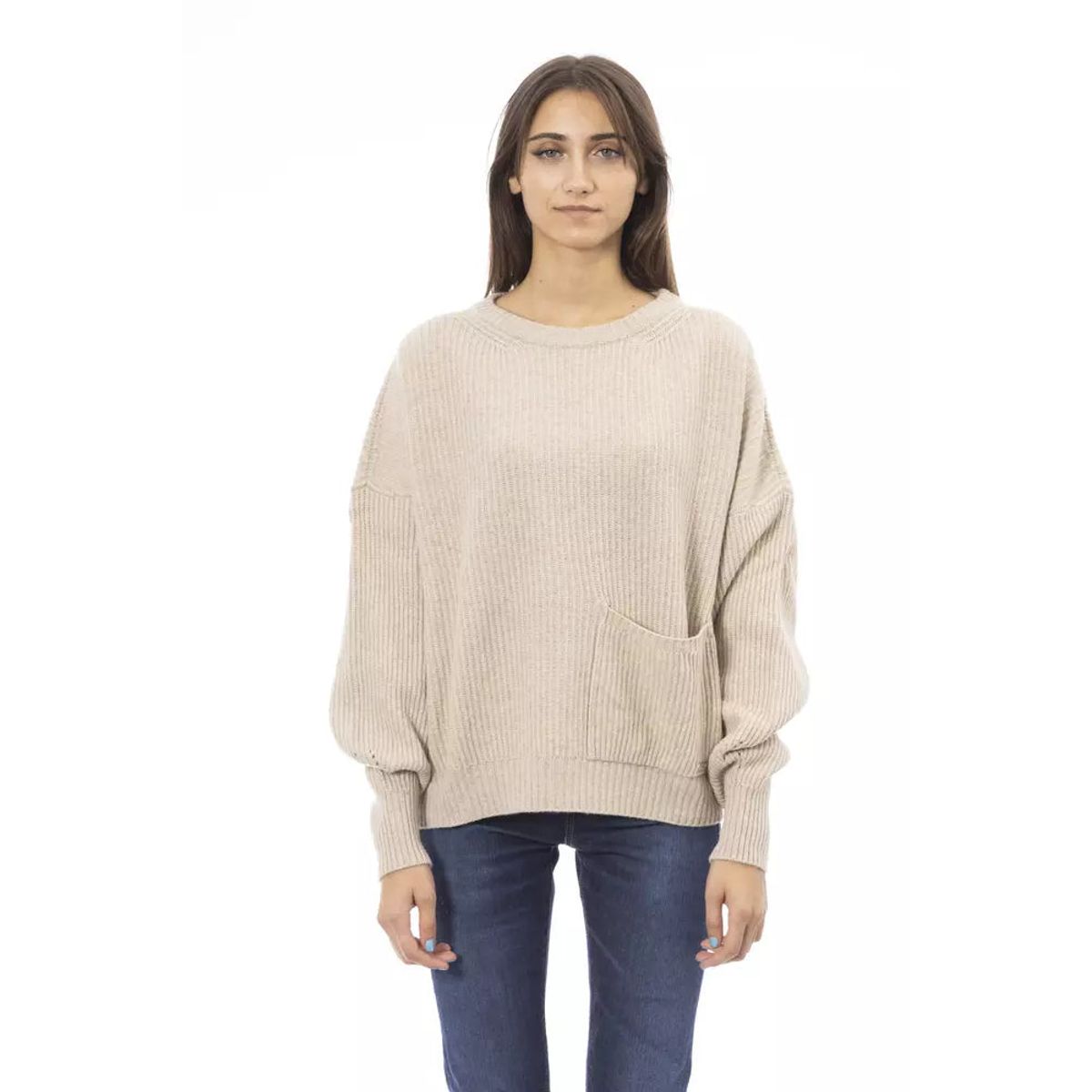 Baldinini Trend Chic Beige Crew Neck Cashmere Blend Sweater