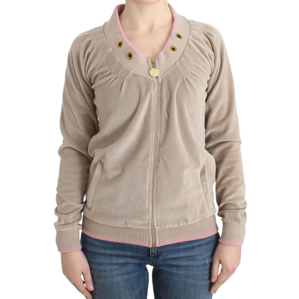 Cavalli Beige Zip Cardigan with Gold Tone Accents