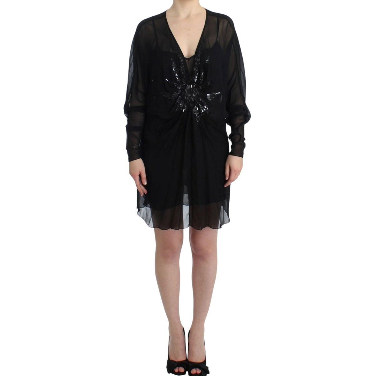 Cavalli Elegant Sheer Black Silk Blouson Dress