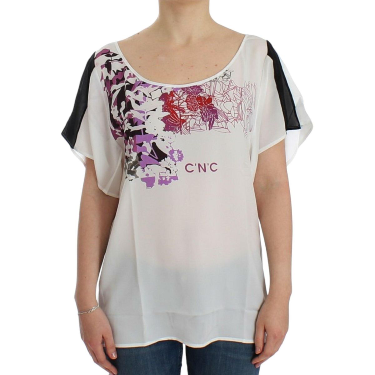 Costume National Chic White V-Neck Motive Print Tee