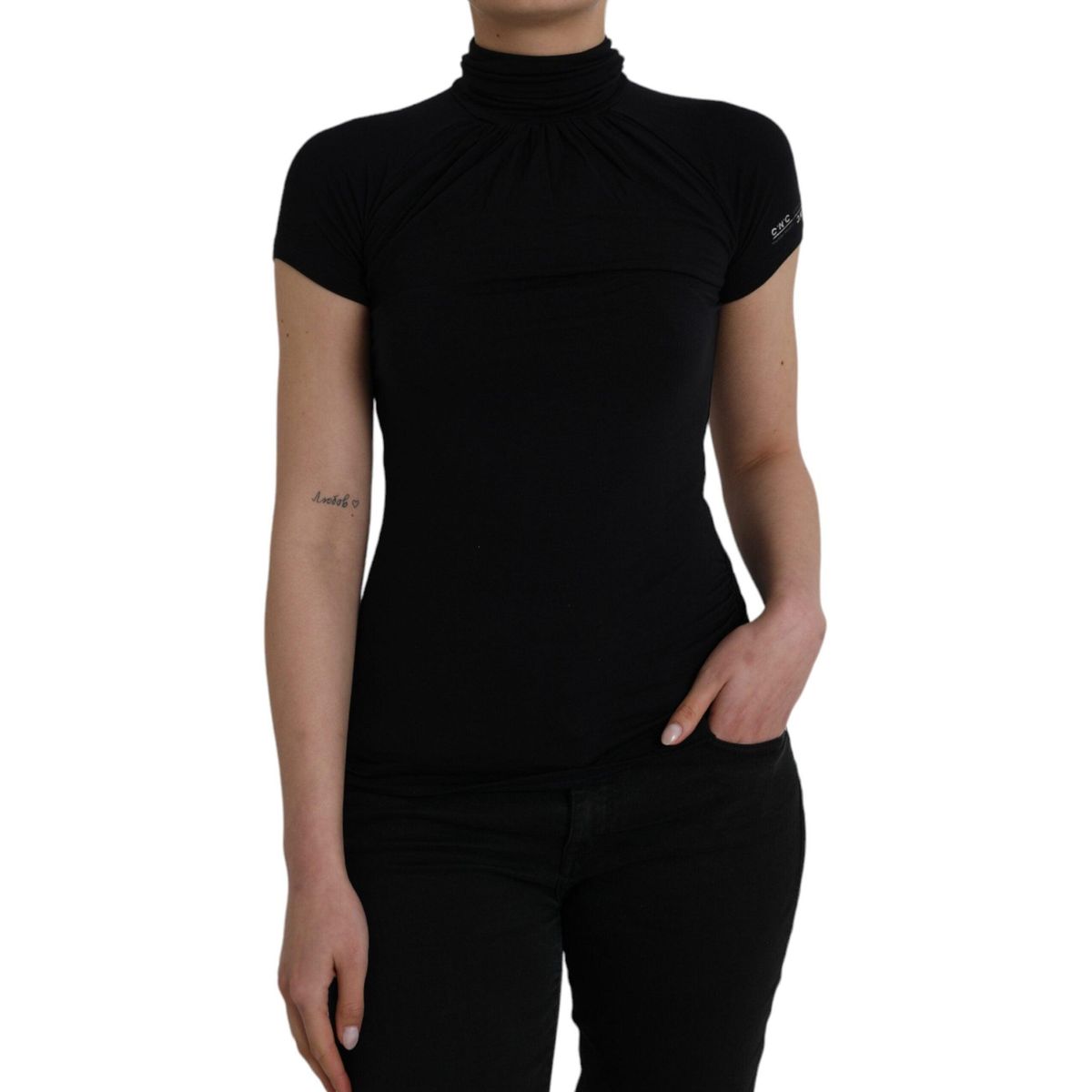 Costume National Black Turtleneck Viscose Short Sleeve Top