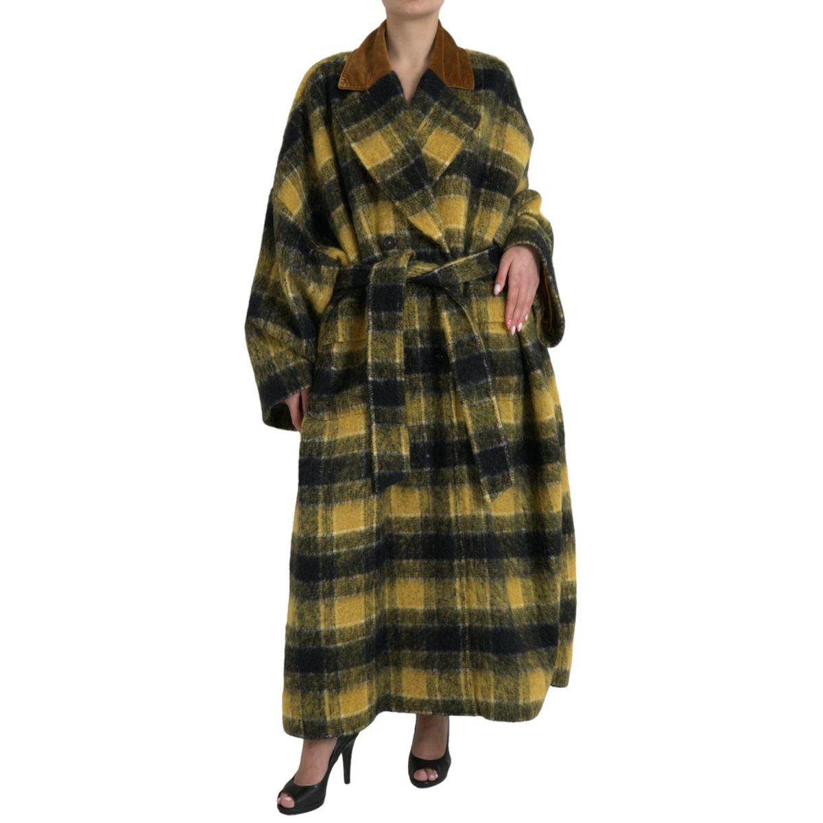 Dolce & Gabbana Chic Checkered Long Trench Coat in Sunny Yellow