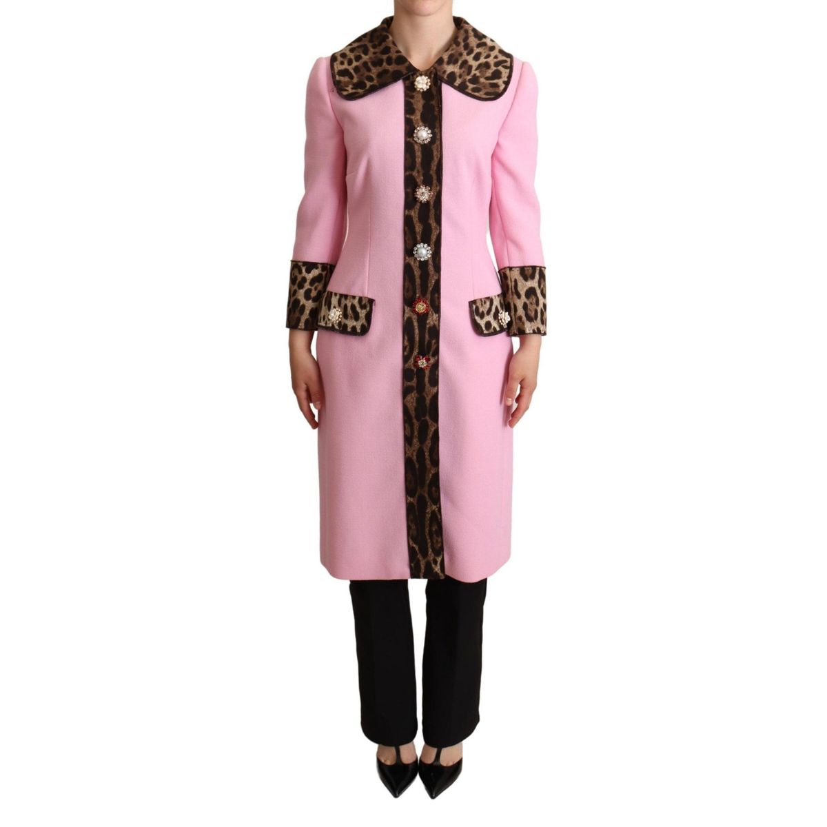 Dolce & Gabbana Chic Pink Leopard Trench with Crystal Buttons