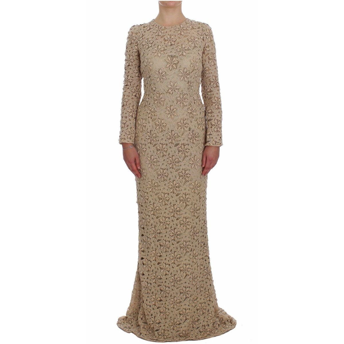 Dolce & Gabbana Beige Floral Lace Long Sleeve Maxi Dress