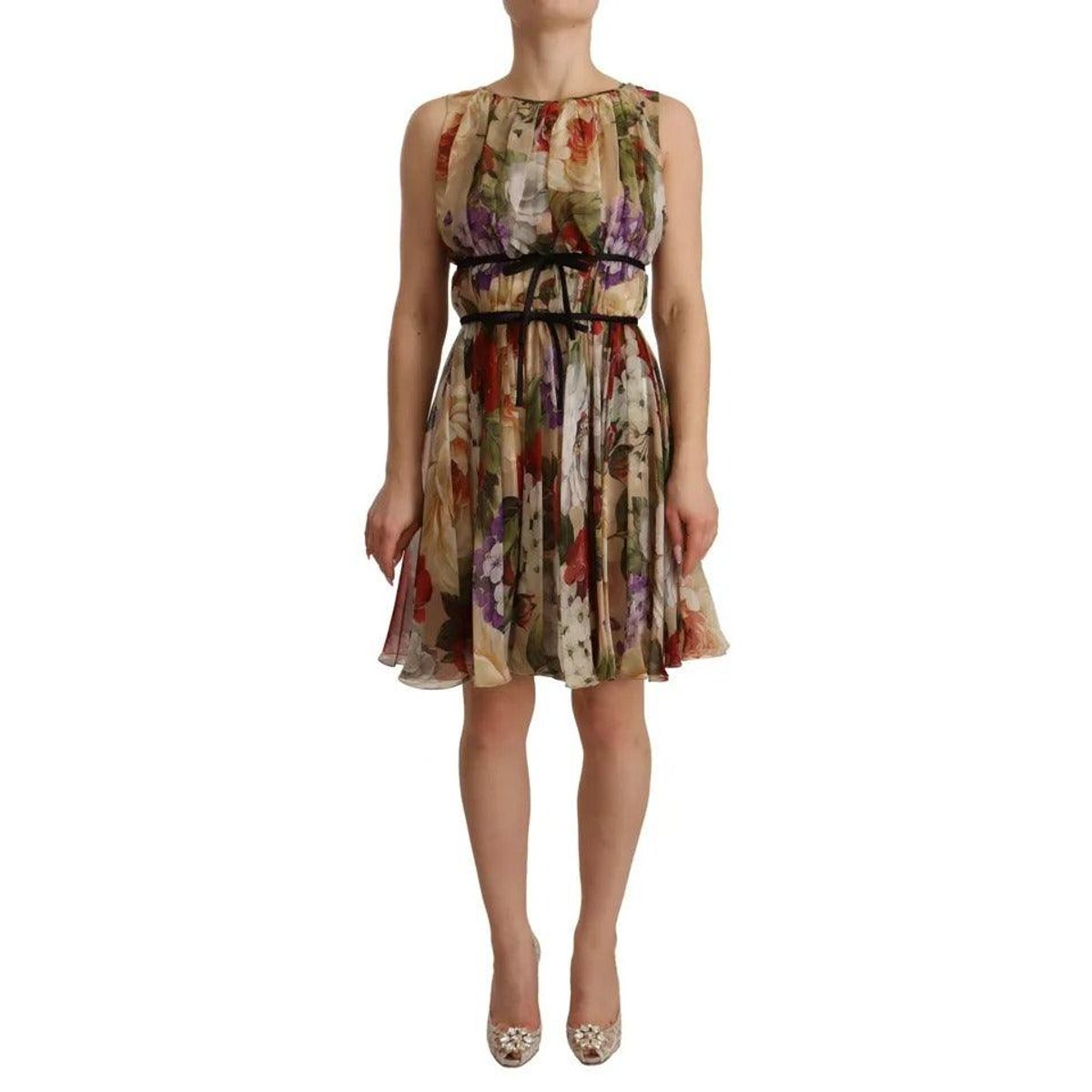 Dolce & Gabbana Beige Floral Sleeveless Round Neck Mini Dress