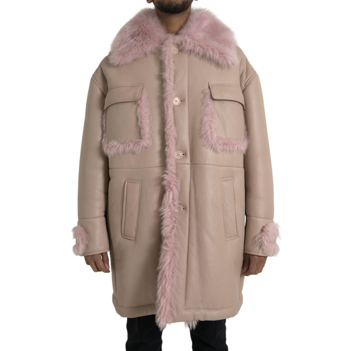 Dolce & Gabbana Beige Pink Lamb Leather Shearling Coat Jacket