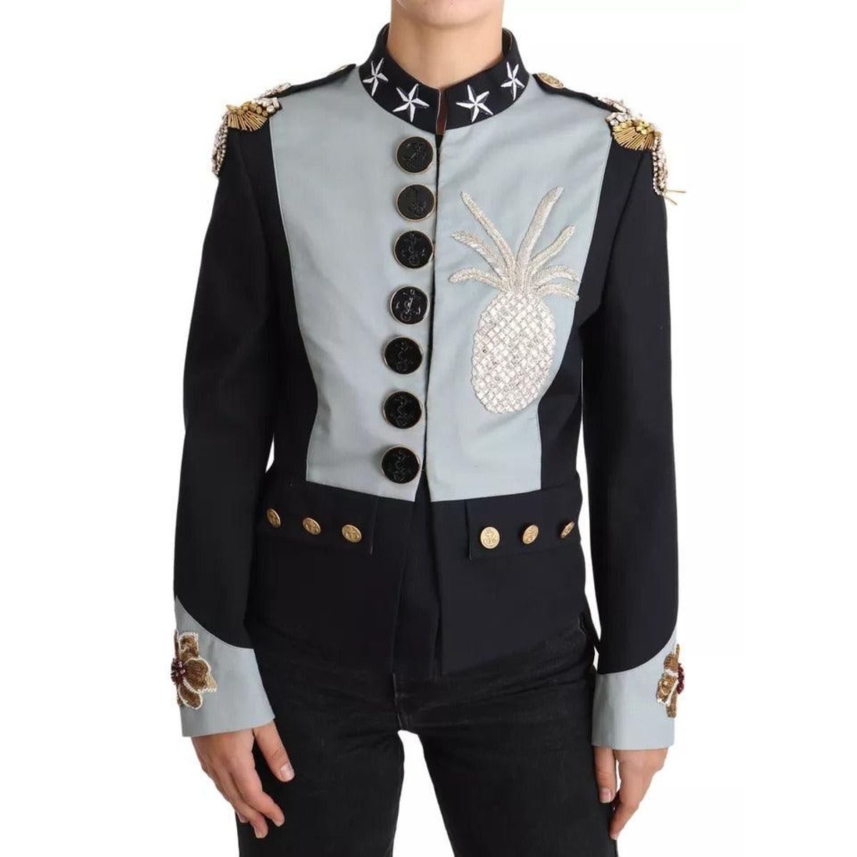 Dolce & Gabbana Blue Button Crystal Embellished Cotton Jacket