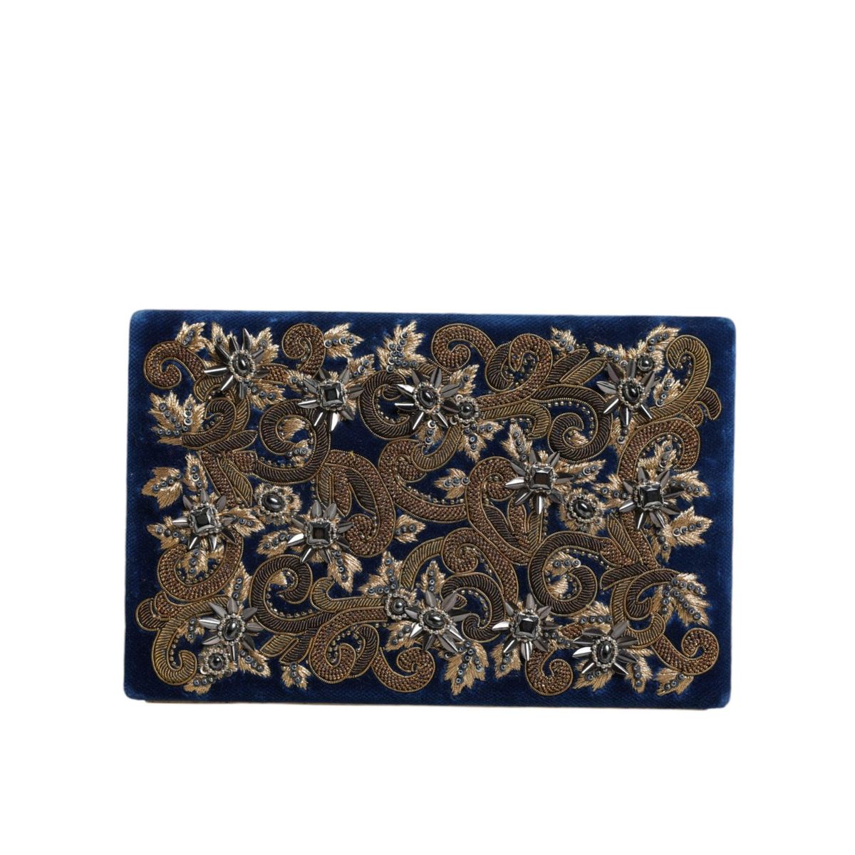 Dolce & Gabbana Blue Velvet Gold Frame Clutch Evening Party Purse Bag