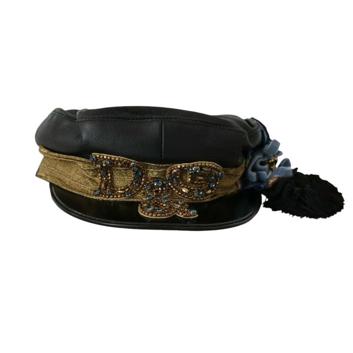 Dolce & Gabbana Black Leather Crystal Beads Gold Ribbon Fiddler Cap