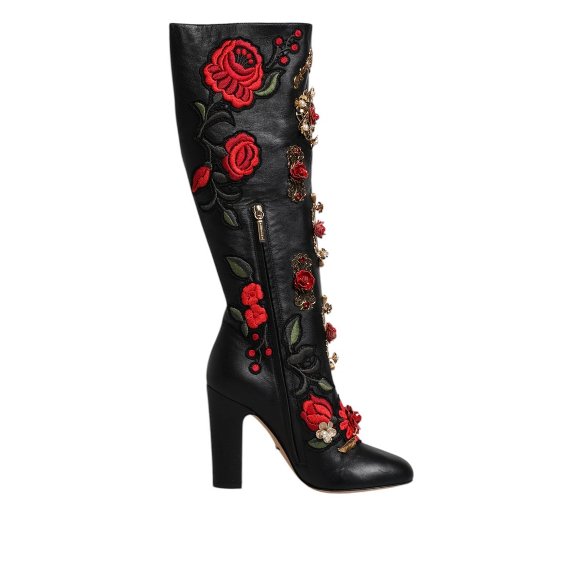 Dolce & Gabbana Black Roses Embellished Leather Heel Boots Shoes