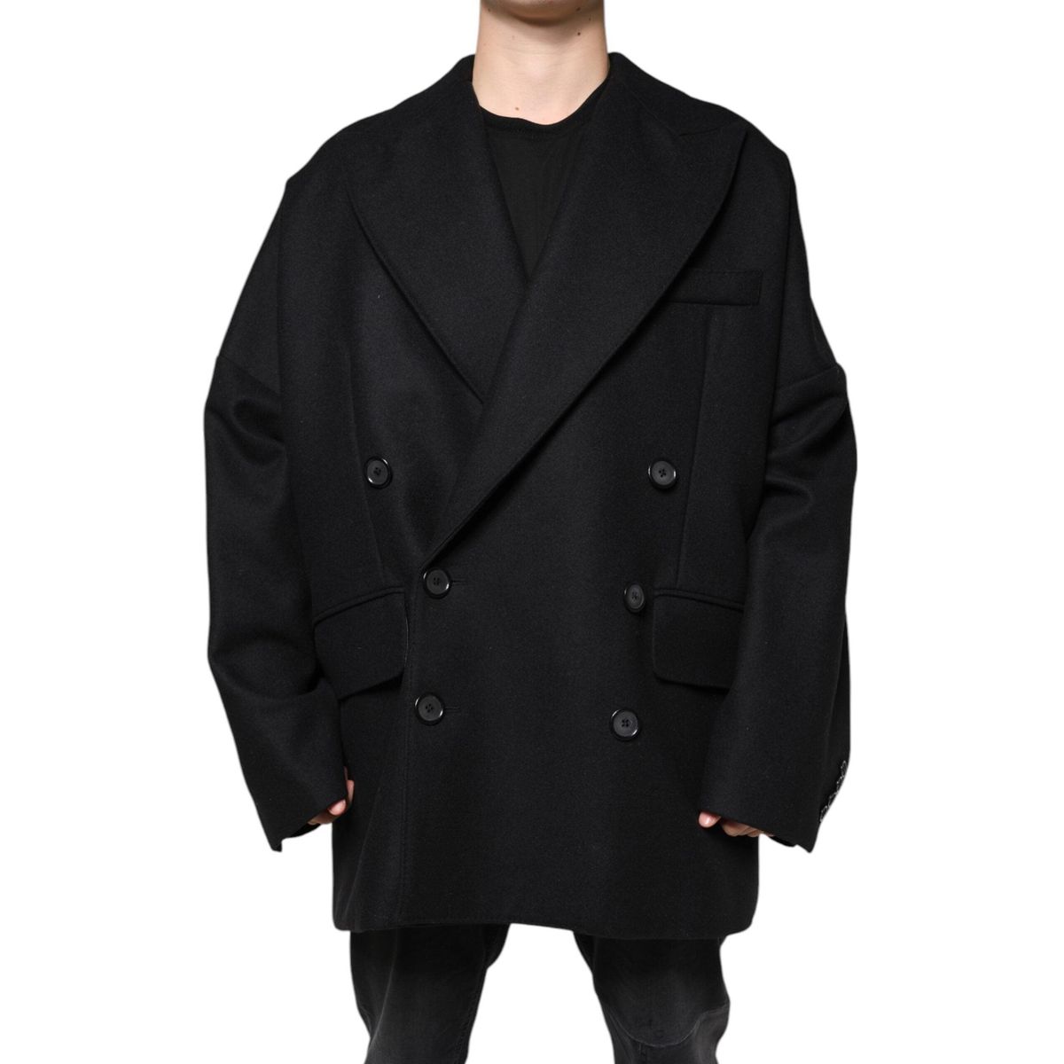 Dolce & Gabbana Black Wool Double Breasted Men Coat Jacket