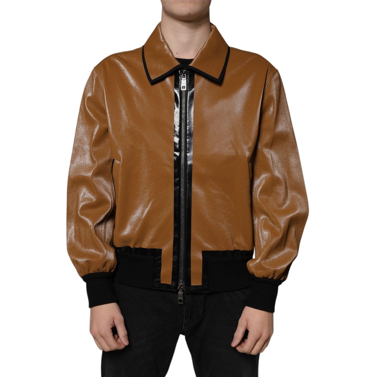 Dolce & Gabbana Brown Leather Full Zip Men Bomber Jacket