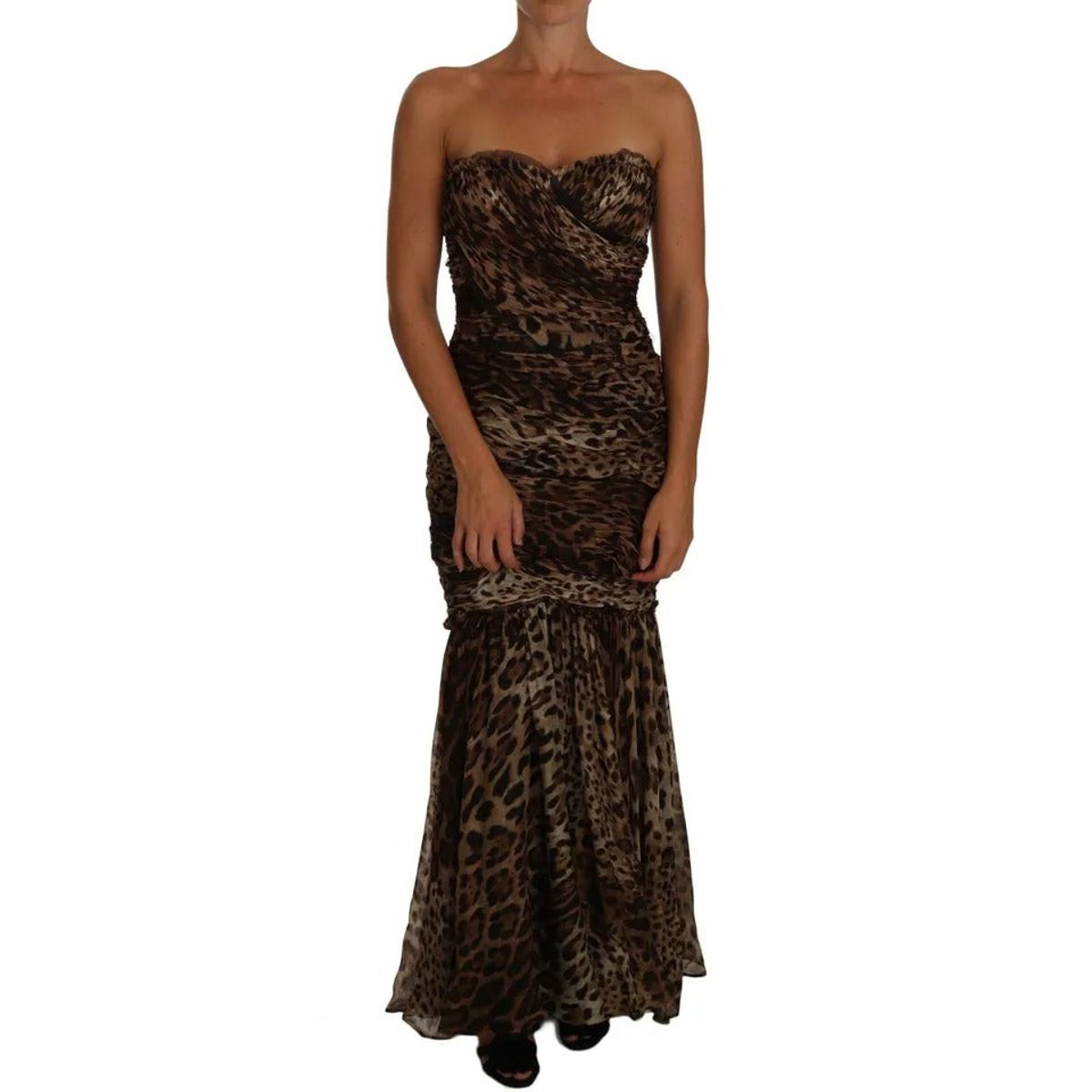 Dolce & Gabbana Brown Leopard Silk Chiffon Ruched Mermaid Maxi Dress