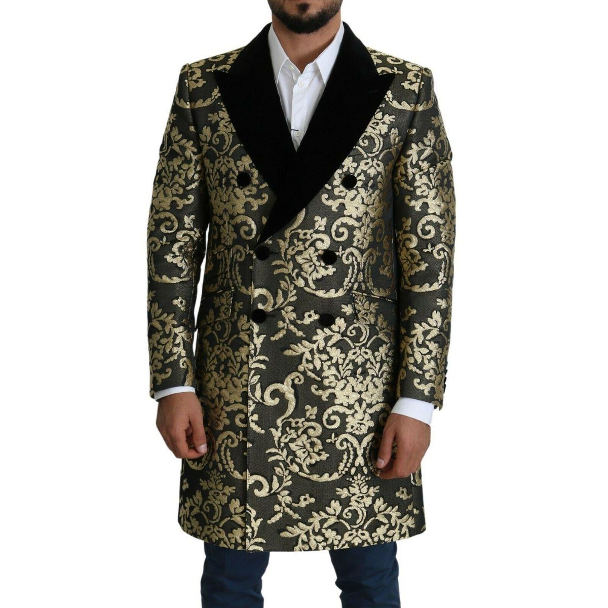 Dolce & Gabbana Gold Black Sicilia Jacquard Double-Breasted Coat