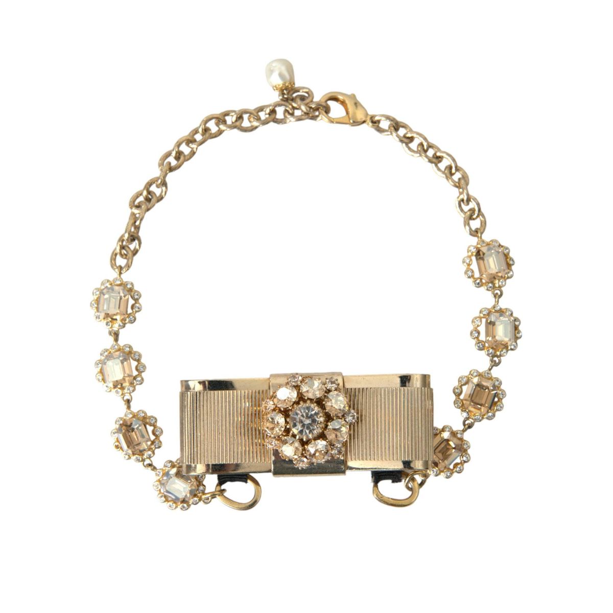 Dolce & Gabbana Gold Brass Clear Crystal Bow Chain Choker Necklace