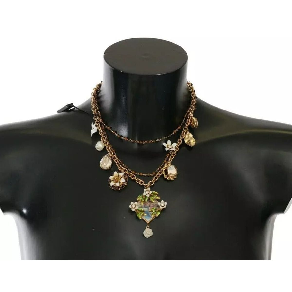 Dolce & Gabbana Gold Sky SP Brass Crystal Floral Statement Charms Necklace