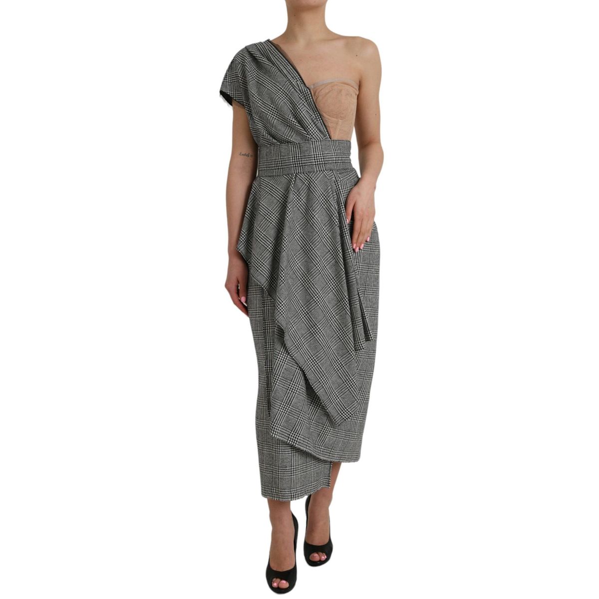 Dolce & Gabbana Gray Beige Layered One Shoulder Maxi Dress