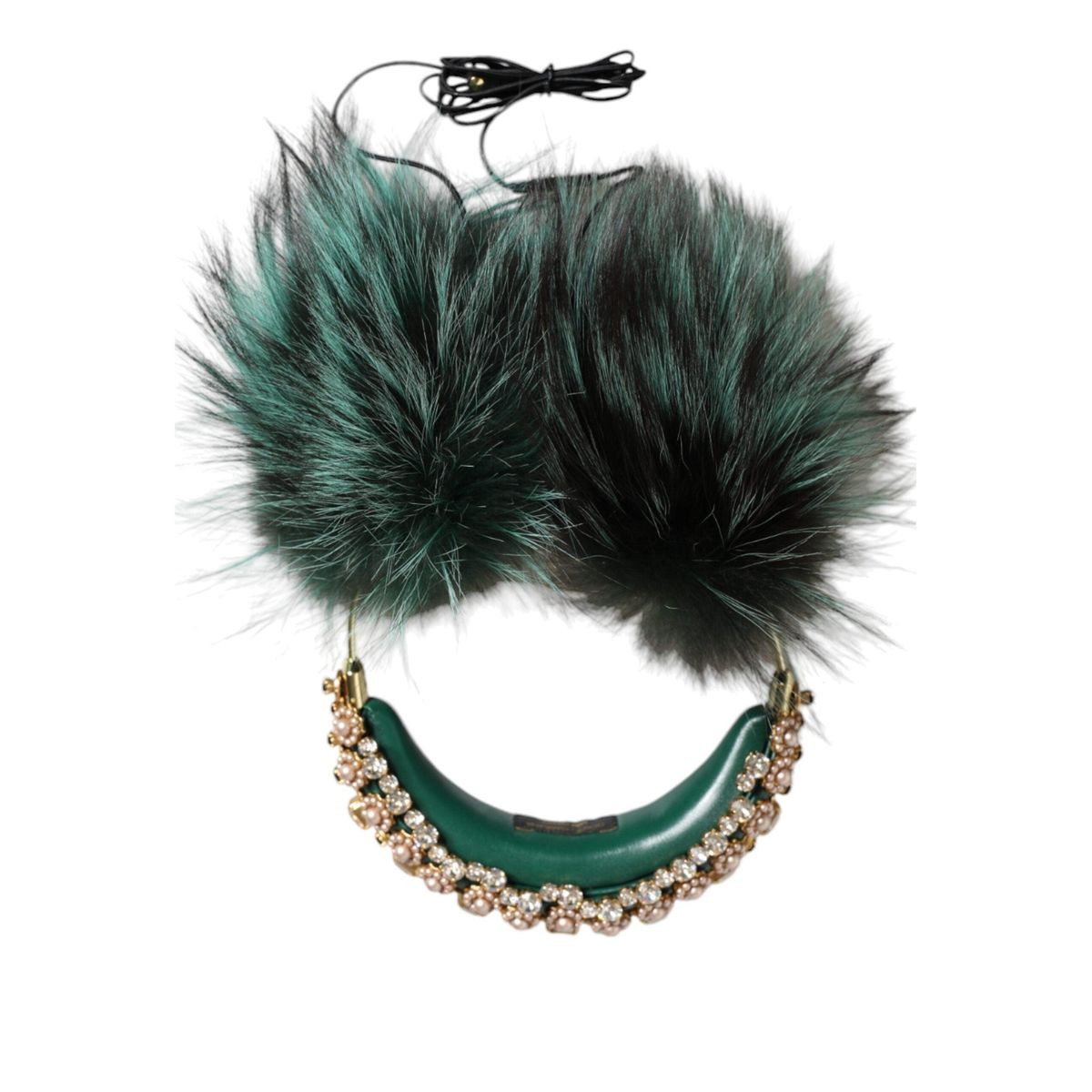 Dolce & Gabbana Green Gold Crystal Fur Headset Audio AUX Headphones