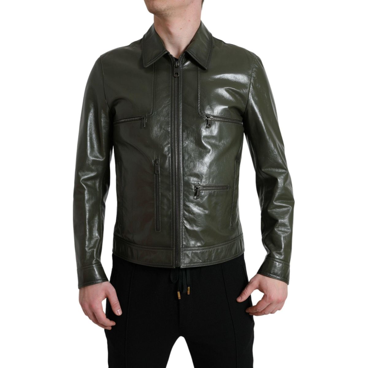 Dolce & Gabbana Grøn Læder Collared Biker Full Zip Jakke & Frakke