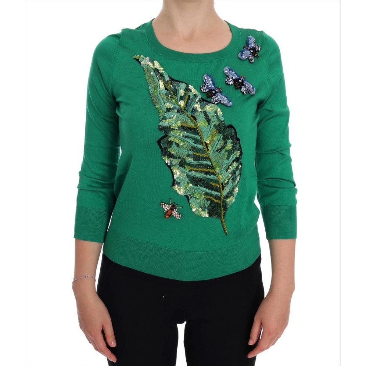 Dolce & Gabbana Embellished Green Silk Pullover Sweater