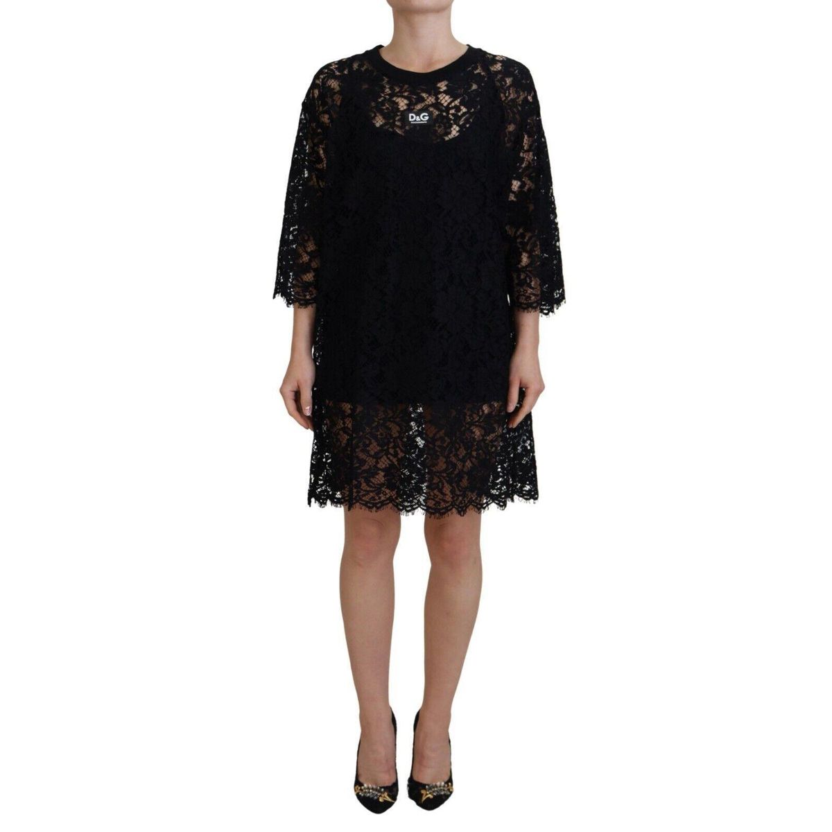 Dolce & Gabbana Elegant Black Floral Lace Shift Dress