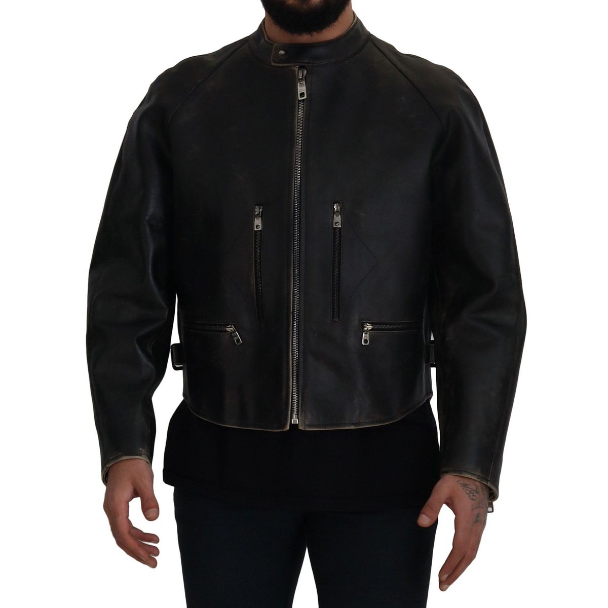 Dolce & Gabbana Elegant Black Leather Jacket with Silver Details