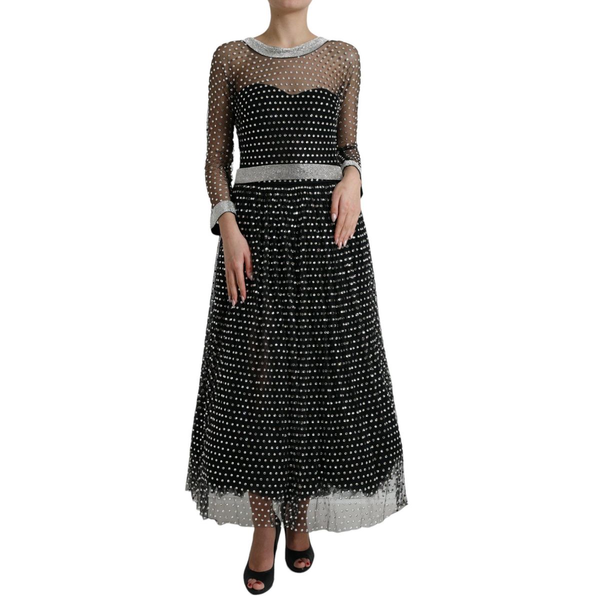 Dolce & Gabbana Elegant Crystal-Embellished Long Black Dress