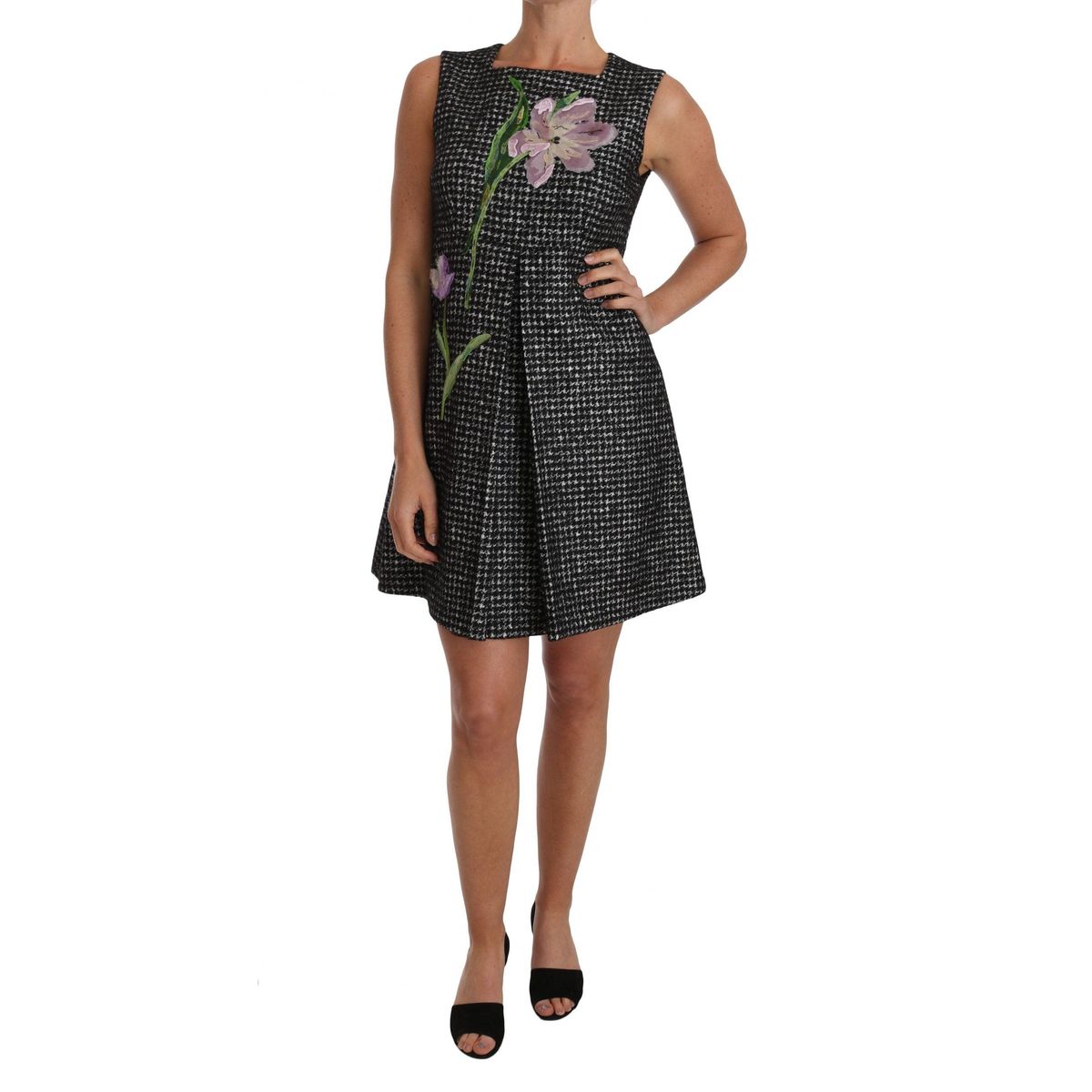 Dolce & Gabbana Elegant Gray Mini A-Line Dress with Purple Tulip