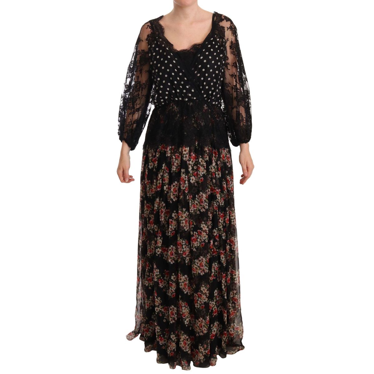 Dolce & Gabbana Elegant Lace Floral Maxi Dress with Polka Dots