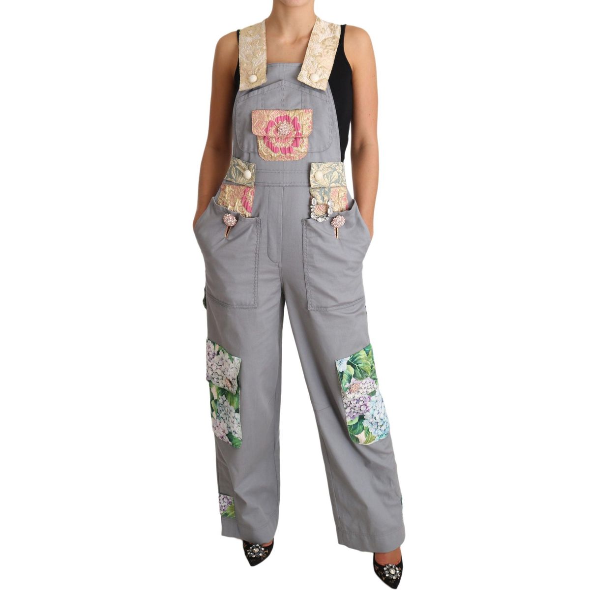 Dolce & Gabbana Exquisite Floral Embellished Denim Overalls