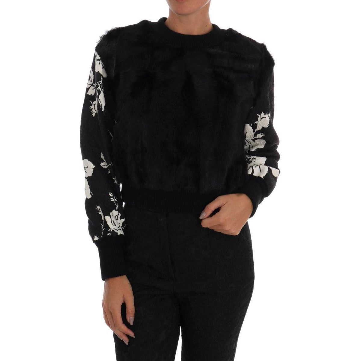 Dolce & Gabbana Floral Brocade Black Fur Sweater