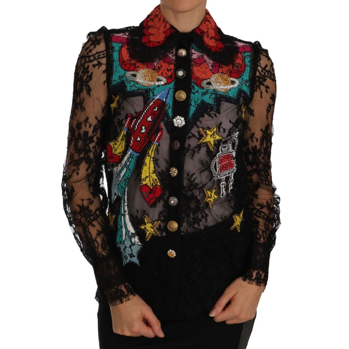 Dolce & Gabbana Floral Lace Embroidered Blouse with Crystals