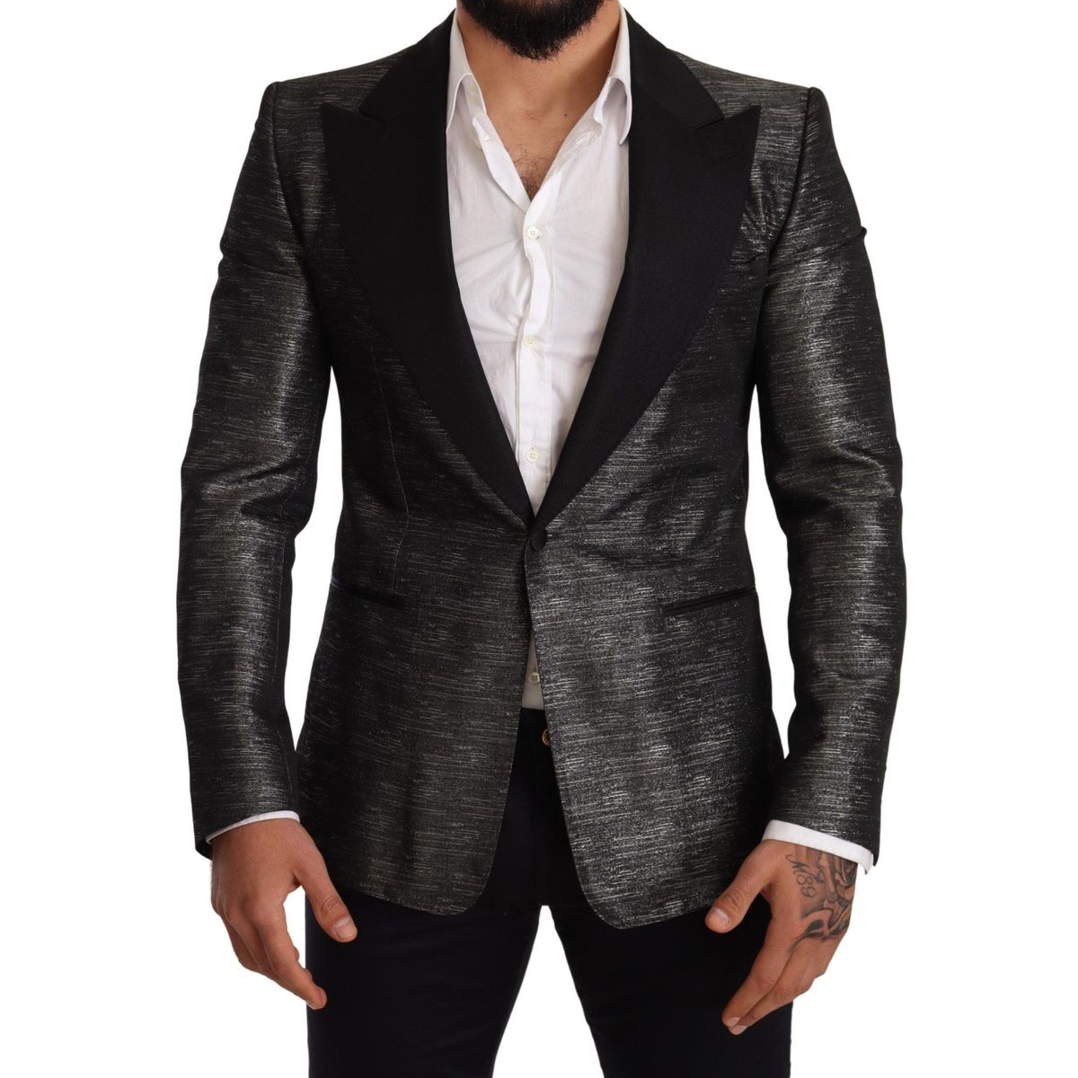 Dolce & Gabbana Metallic Gray Jacquard Slim Fit Blazer