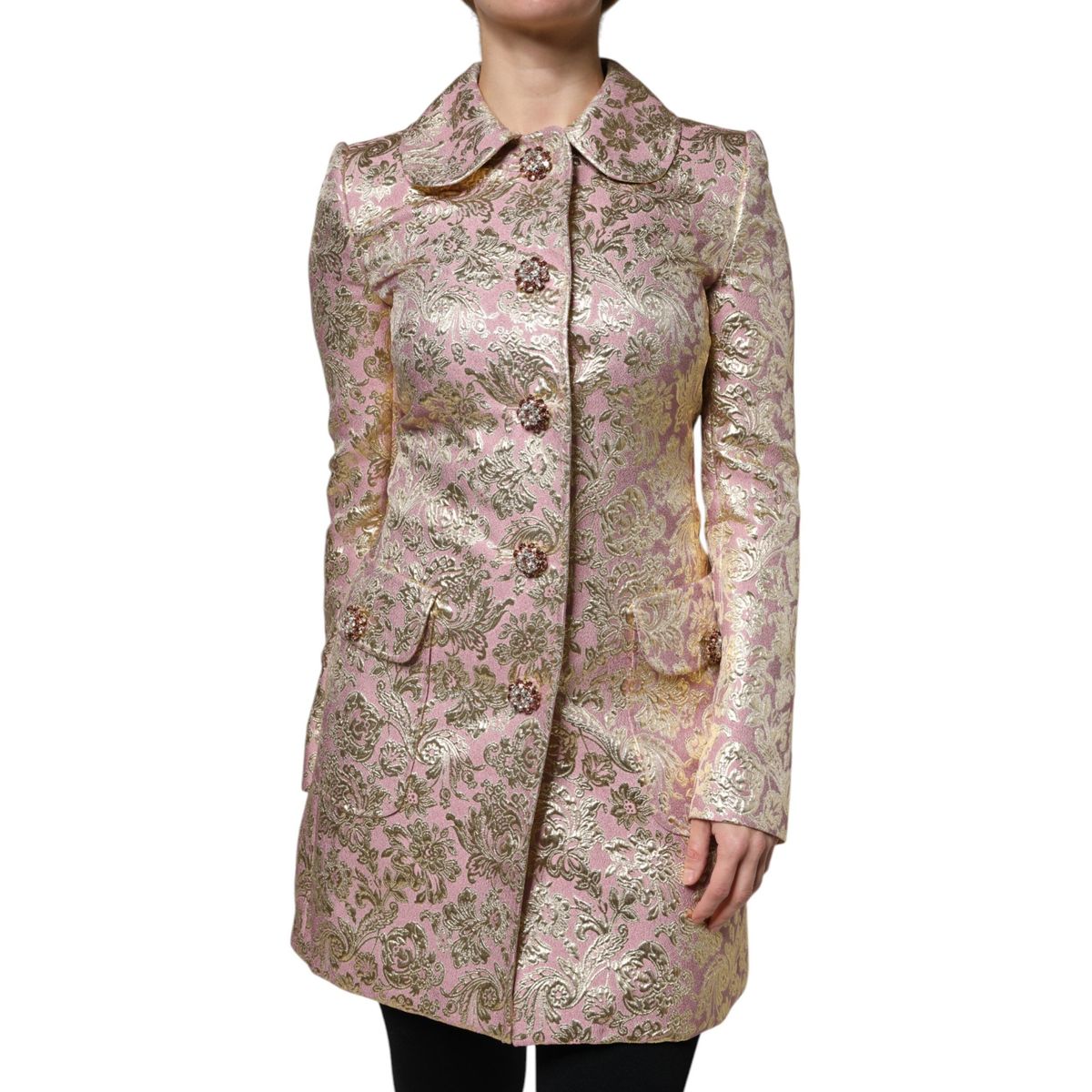 Dolce & Gabbana Metallic Pink Gold Jacquard Jewel Button Coat Jacket