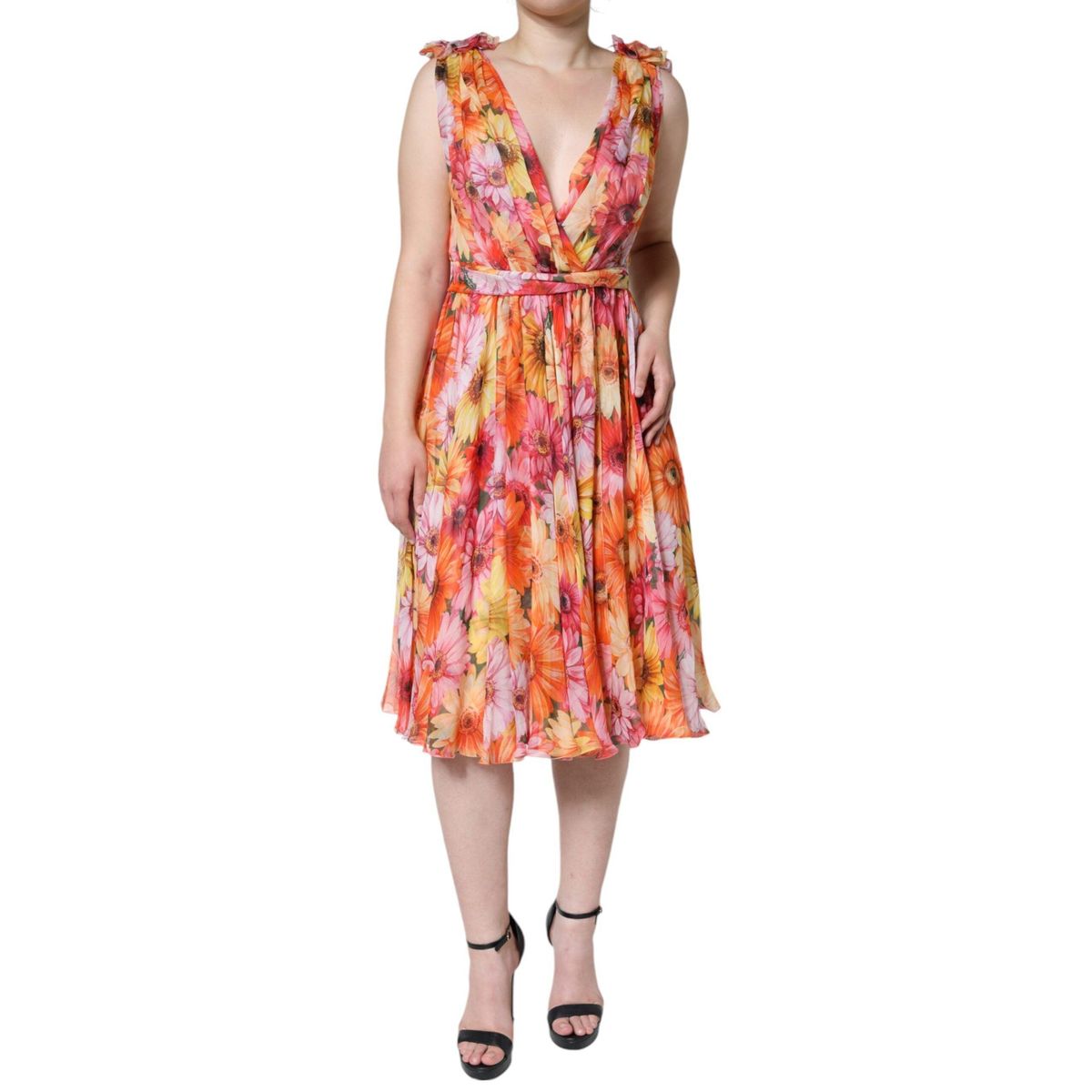 Dolce & Gabbana Multicolor Floral Sleeveless V-neck Midi Dress