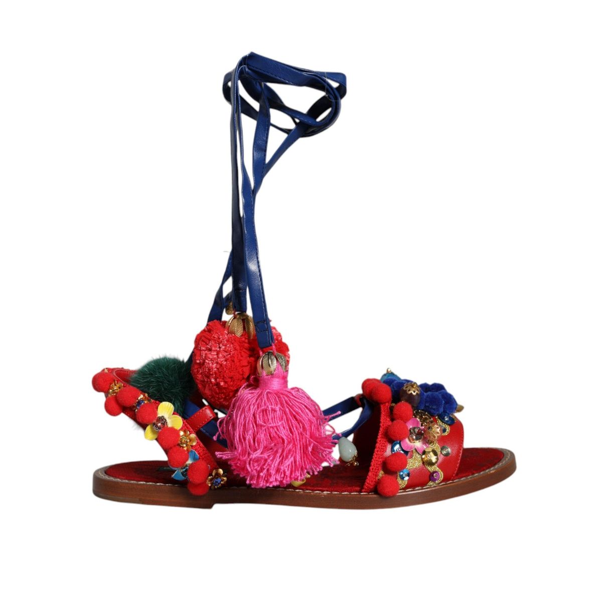 Dolce & Gabbana Multicolor Pom Pom Fur Wrap Sandals Shoes