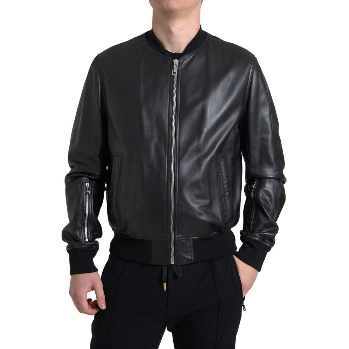 Dolce & Gabbana Sort Læder Bomber Herre Jakke & Frakke