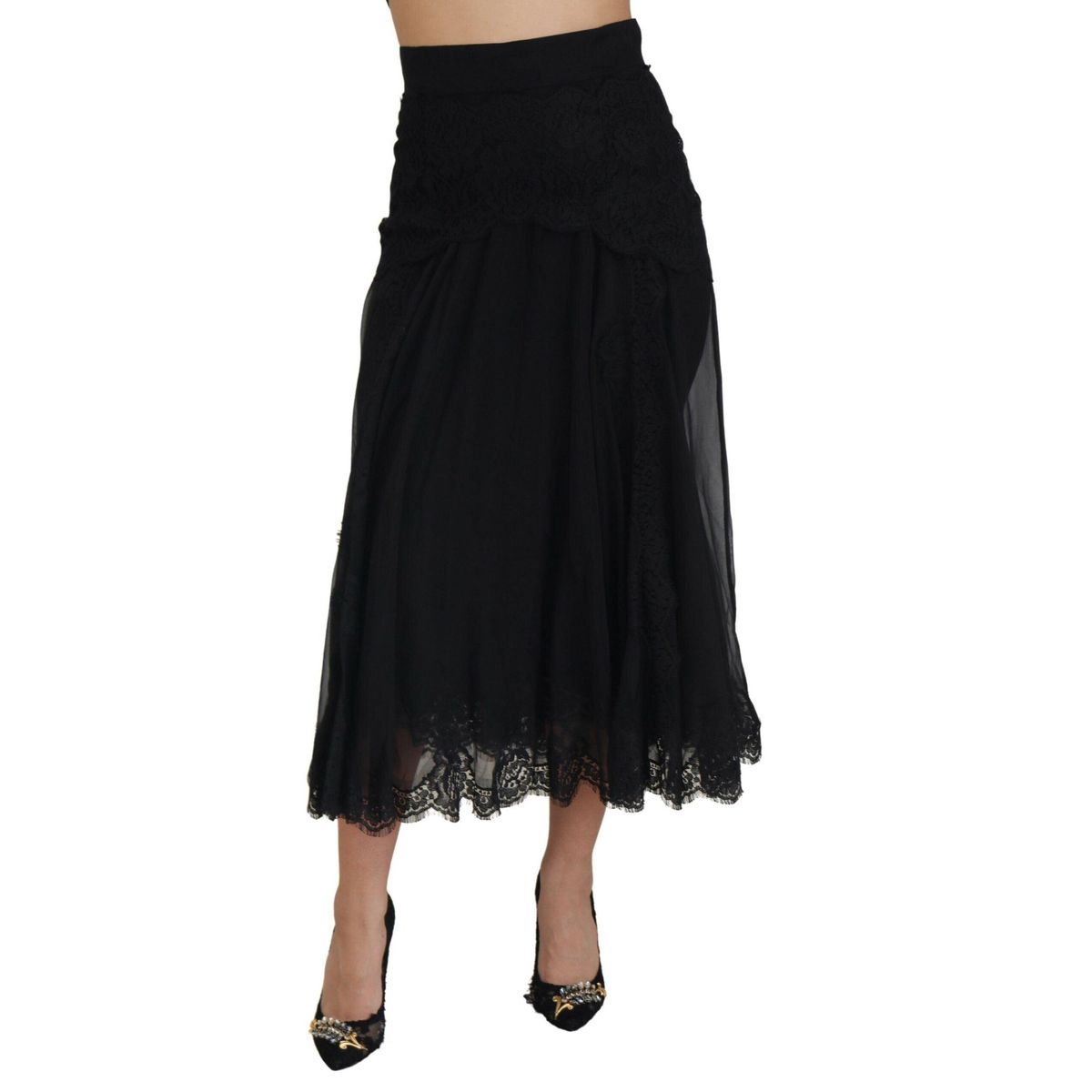 Dolce & Gabbana Sort Silke Lace Trim High Waist Midi Skirt