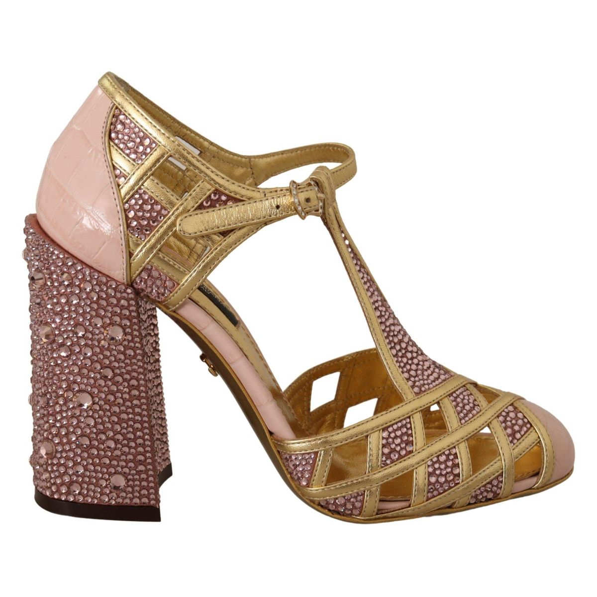 Dolce & Gabbana Silk-Infused Leather Crystal Pumps in Pink Gold